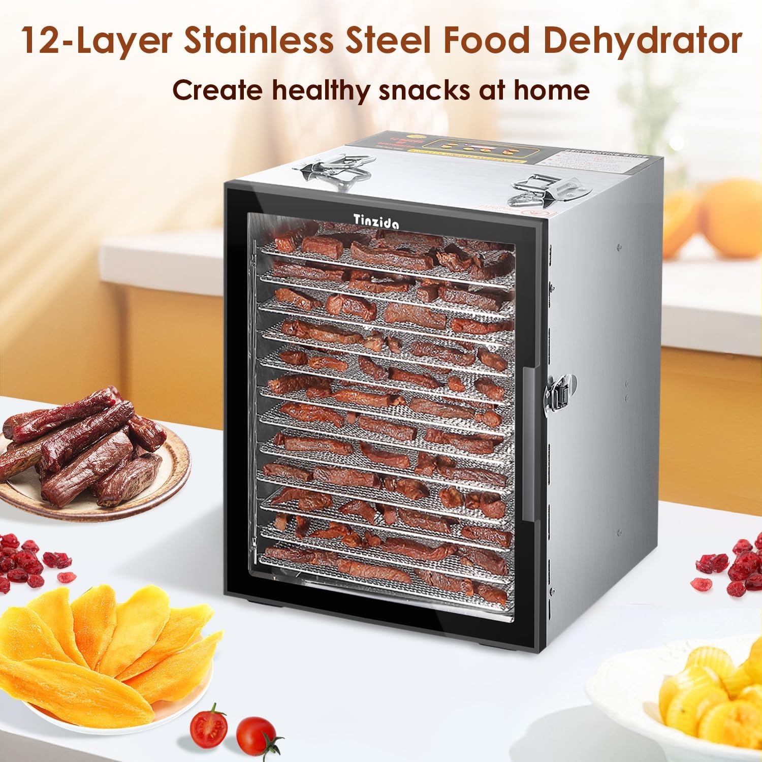 Food Dehydrator Machine 12 Stainless Steel Trays, 800W Power Dehydrators for Herb, Jerky Dehydrator for Meat, Fruit, Pet Treats, Vegetables, 194ºF Temperature Control, 24H Timer