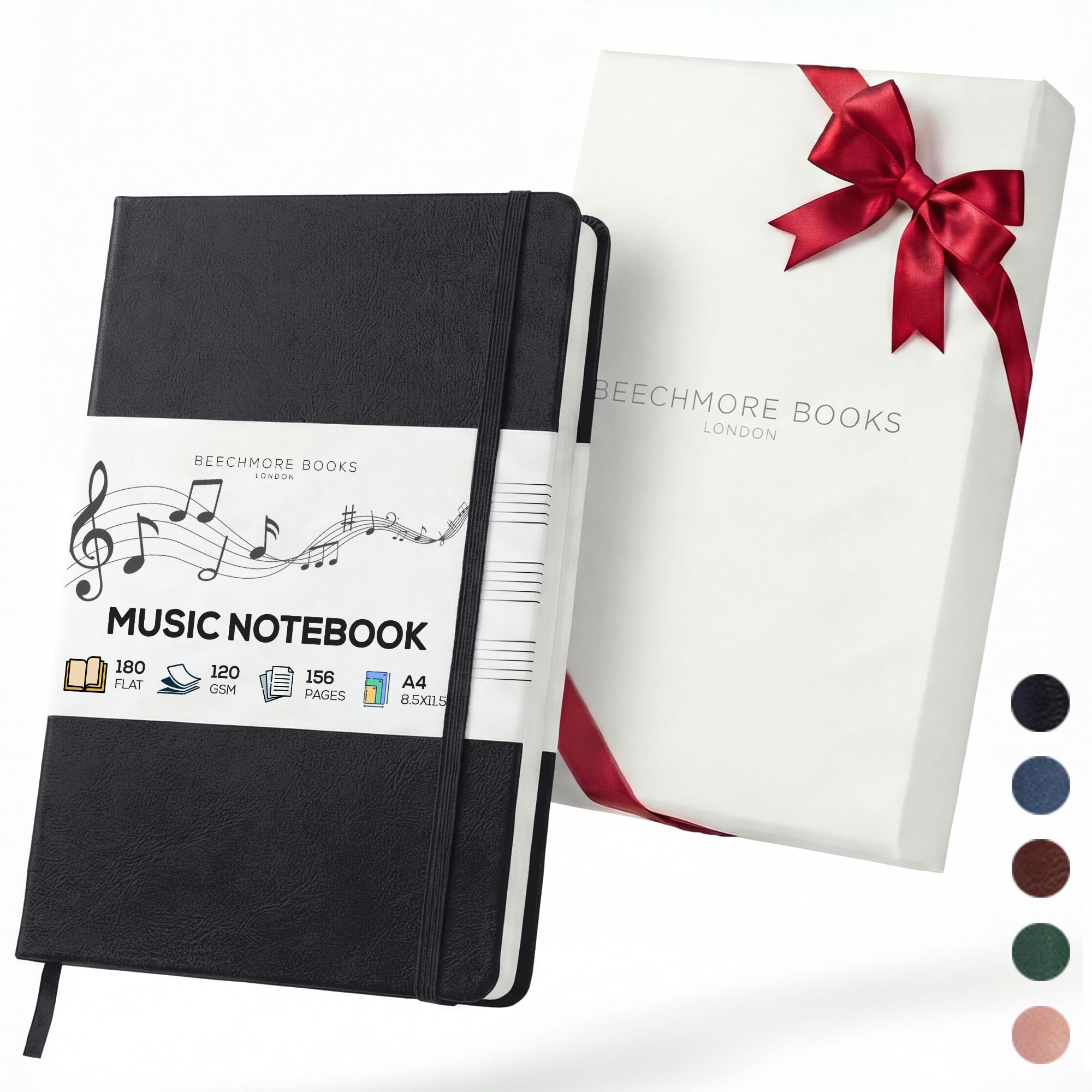 Beechmore Books Blank Sheet Music Notebook – A4 8.5x11.5 for Songwriters, Musicians & Composers, 156 Thick 120gsm Pages, 10-Staff Perforated Sheets, Vegan Leather Hardcover, Elastic Closure, Gift Box