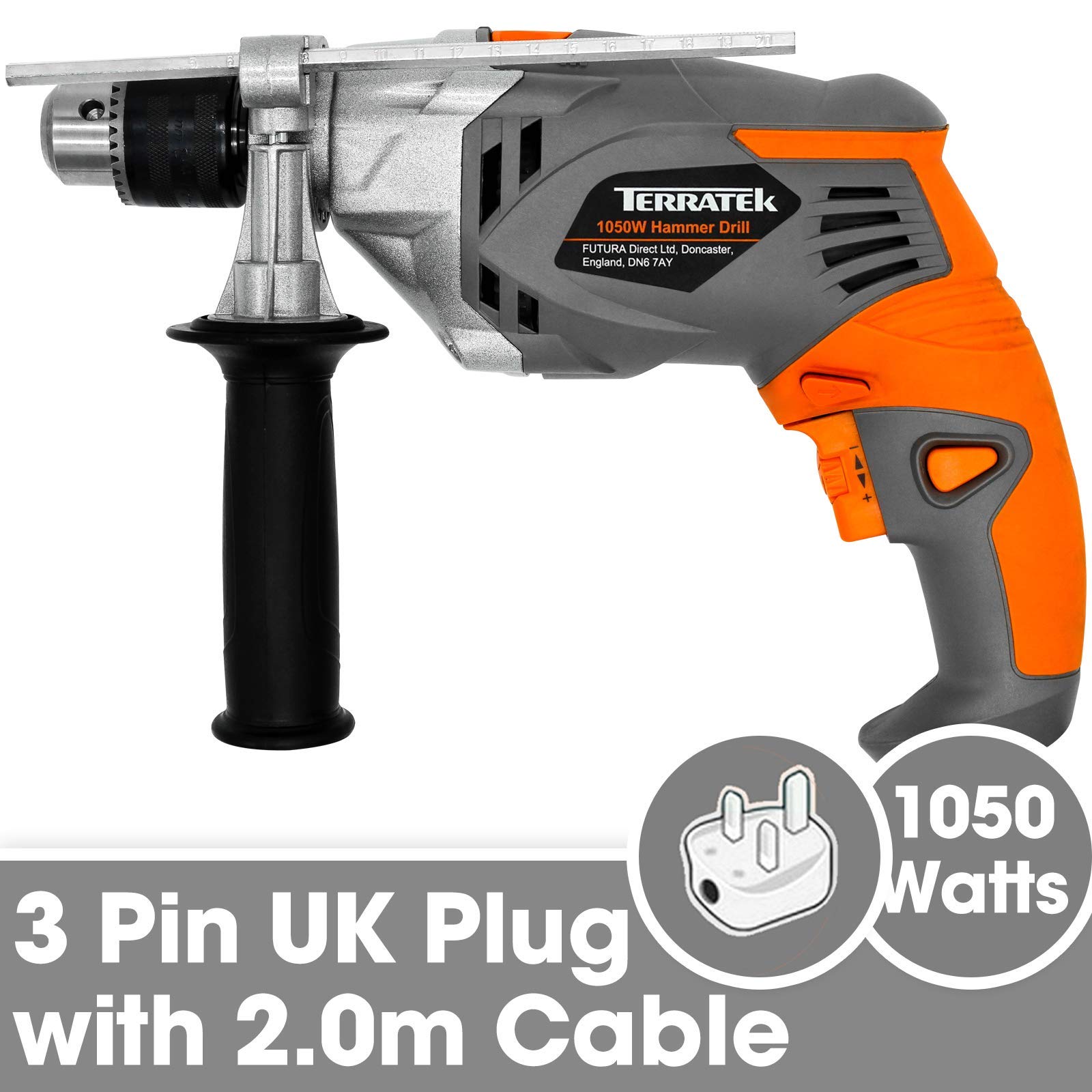 Terratek Corded Hammer Drill 1050W Variable Speed 0-3100RPM, 2 in 1 Hammer Drill & Electric Drill Function for Concrete, Steel & Wood with Auxiliary Handle Included