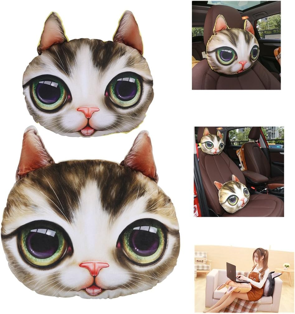 Car Pillow + waist pillow, decorative Pillow Car headrest Travel Pillow Headrest Neck Lumbar support Cute Pillows For Home Office -Best Funny Gift To Yours. 3D Cartoon Animal( cat Beige)