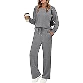 WIHOLL Lounge Sets for Women 2026 V Neck 2 Piece Outfits Airport Wide Leg Pants Matching Set Sweatsuits