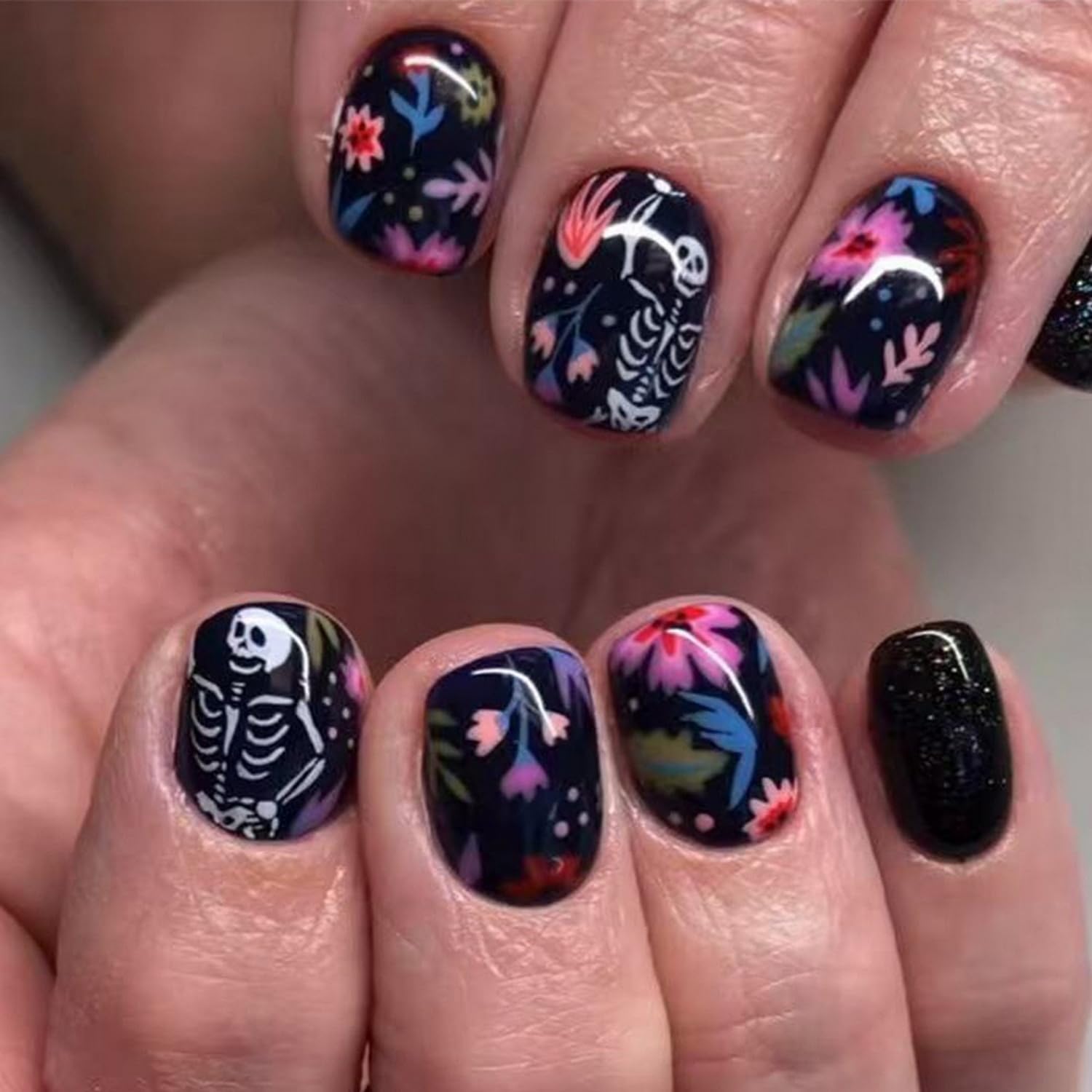 Photo 1 of 24 Pcs Halloween Press on Nails Extra Short Square Fake Nails Flower Stick on Nail Halloween Skull Designs Full Cover Acrylic Nail Kit Reusable False Nails Stick on Nail for Womens