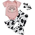 Kayotuas Western Baby Girl Clothes Summer Cowgirl Outfit Short Sleeve Romper Bow Boots Cow Print Flared Bell Bottom Pants Set