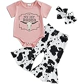 Kayotuas Western Baby Girl Clothes Summer Cowgirl Outfit Short Sleeve Romper Bow Boots Cow Print Flared Bell Bottom Pants Set