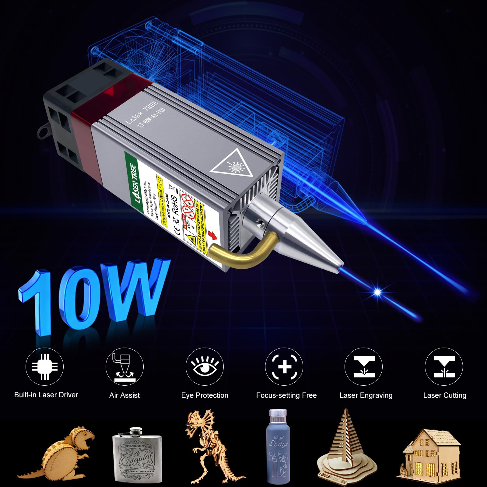 LASER TREE Laser Engraver Module, 10W (10000mW) Optical Power Laser Engraver Module w/Air Assist, Built-in FAC, Double Ultra-Fine Compressed Spot Higher Accuracy Laser Head Class 4,24V