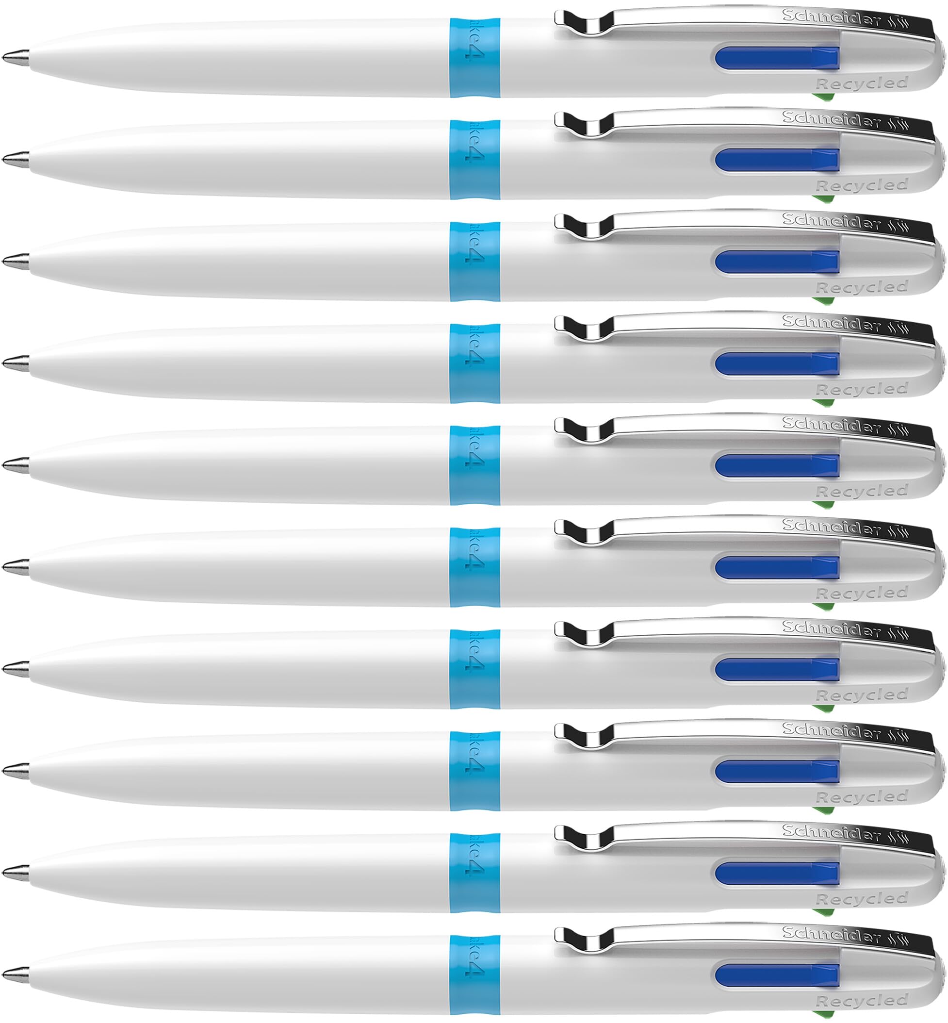 Schneider Take 4 Ballpoint Pen Multicoloured (4 Colours, Refillable Refills, Recycled Plastic), White/Light Blue, Pack of 10