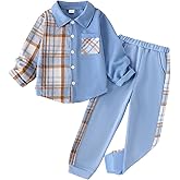 FOCICI Boy Clothes Fall Winter Outfits Long Sleeve Plaid Patchwork Button Down Shirt + Casual Pocket Sweatpants 5-14 Years