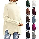 Womens Turtleneck Sweaters Batwing Sleeve Ribbed Tunic Sweater Split Hem Casual Oversized Fall Winter Clothes