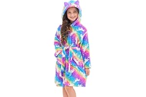 Doctor Unicorn Girls Leopard Cat Robe Kids Fleece Warm Hooded Bathrobe