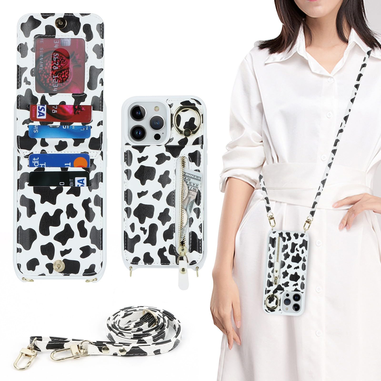 Zouzt for iPhone 14 Pro Case with Cord and Card Holde, Zipper Wallet Case with Crossbody Lanyard Ring Adjustable Necklace Protective Cover Women for iPhone 14 Pro 6.1 Inch - Cow Print Black