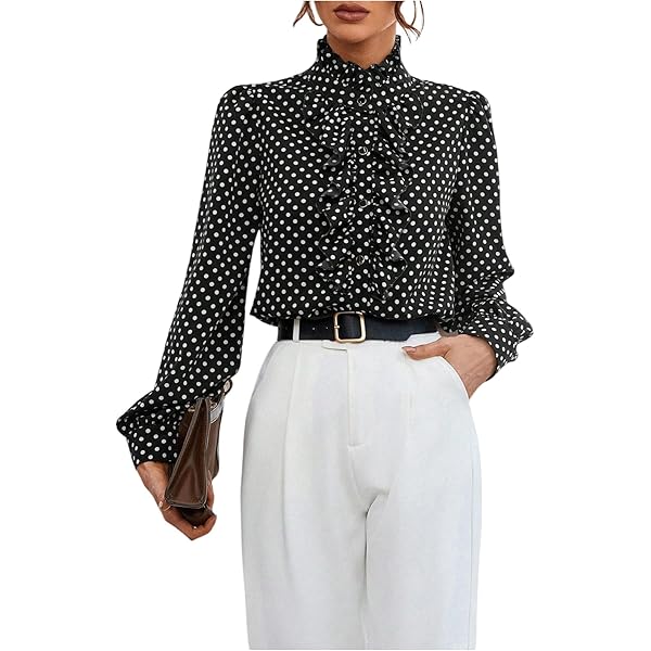 Amazon.com: Women's Ruffle Neck Polka Dot Ruffle Long Sleeve Top