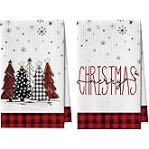 Artoid Mode Red Buffalo Plaid Xmas Tree Christmas Kitchen Towels, 18x26 Inch Quick Dry Microfiber Cloth Dish Towels for Kitchen Drying Set of 2