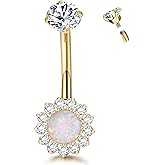 ZZHDCC 14G Titanium Belly Button Ring for Women AAAAAA Cubic Zirconia Belly Button Rings Flower Opal 10mm Gold Plated Belly Ring Halo Internally Threaded Navel Body Belly Piercing