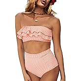 Saodimallsu Women High Waisted 2 Piece Bikini Set Bandeau Ruffle Swimsuit Top Striped Bathing Suits