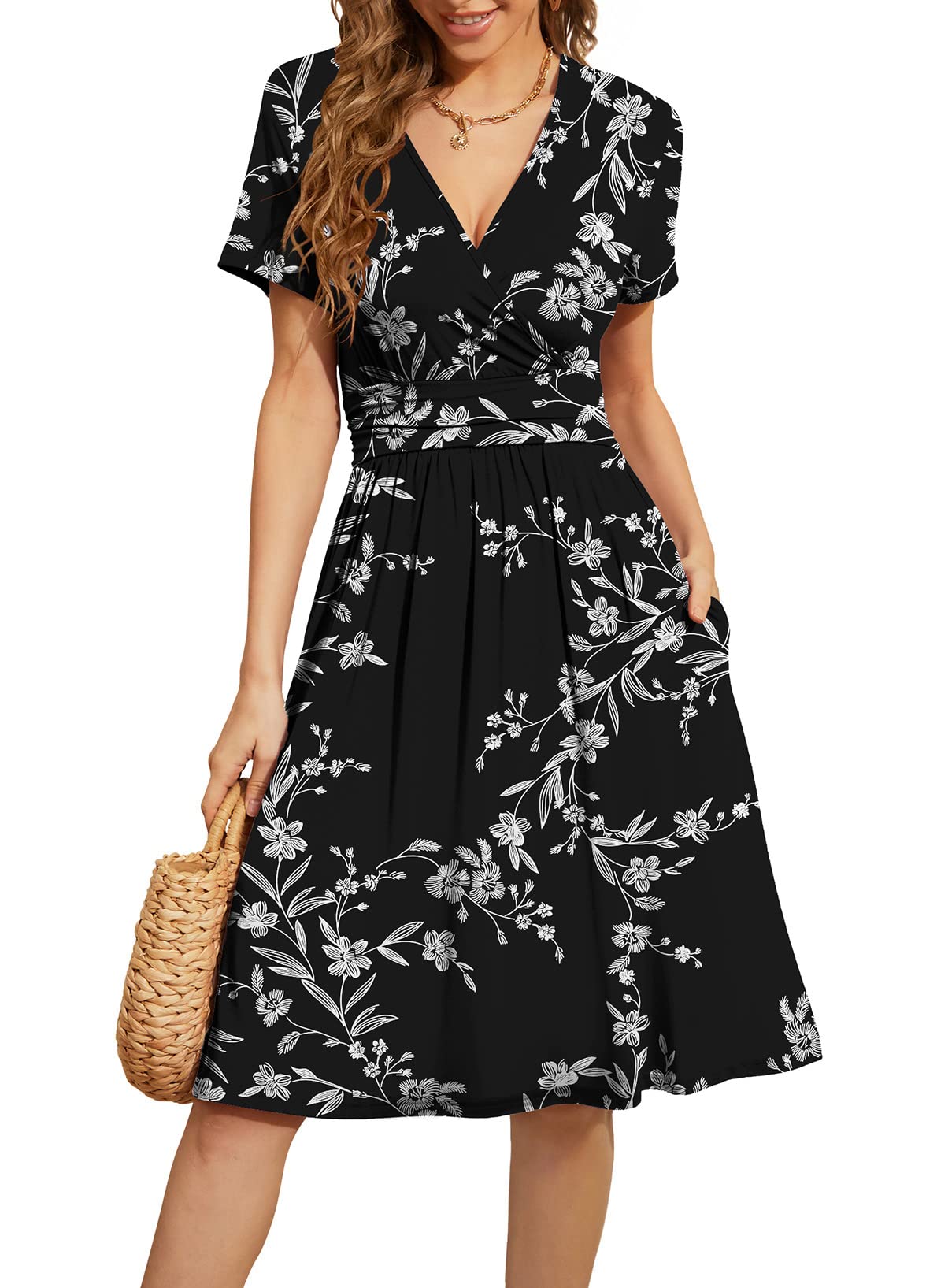Photo 1 of ***(STOCK PHOTO FOR REFERENCE ONLY/ DESIGN AND COLOR WILL DIFFER)***WEACZZY Casual Summer Dresses for Women 2025 Loose Dresses Short Sleeve Dress for Women V Neck Pleated Midi Dress,Floral White Black,XL