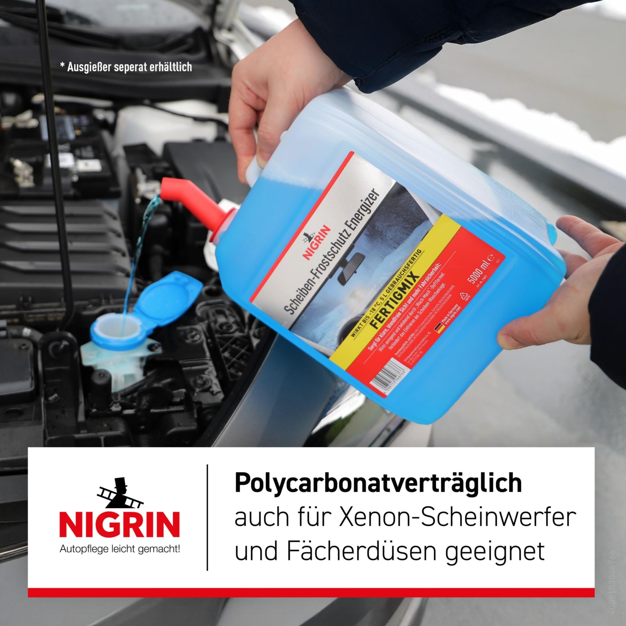 NIGRIN Scheiben Frostschutz Fertigmix ENERGIZER | 5 Liter | wirksam bis -18°C | Reinigungszusatz für Autoscheiben und Scheinwerfer | gegen Schnee, Salz, Öl, Ruß | schlierenfreie Sicht | Wach-Mach Duft 5