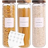 CZZGSM 3 Set Glass Pantry Storage Jars with Acacia Airtight Lid - 50oz Thicken Glass Kitchen Canisters with 132 Pantry Labels - Tall Food Storage Containers with Wood Lid for Pasta,Spaghetti,Cereal