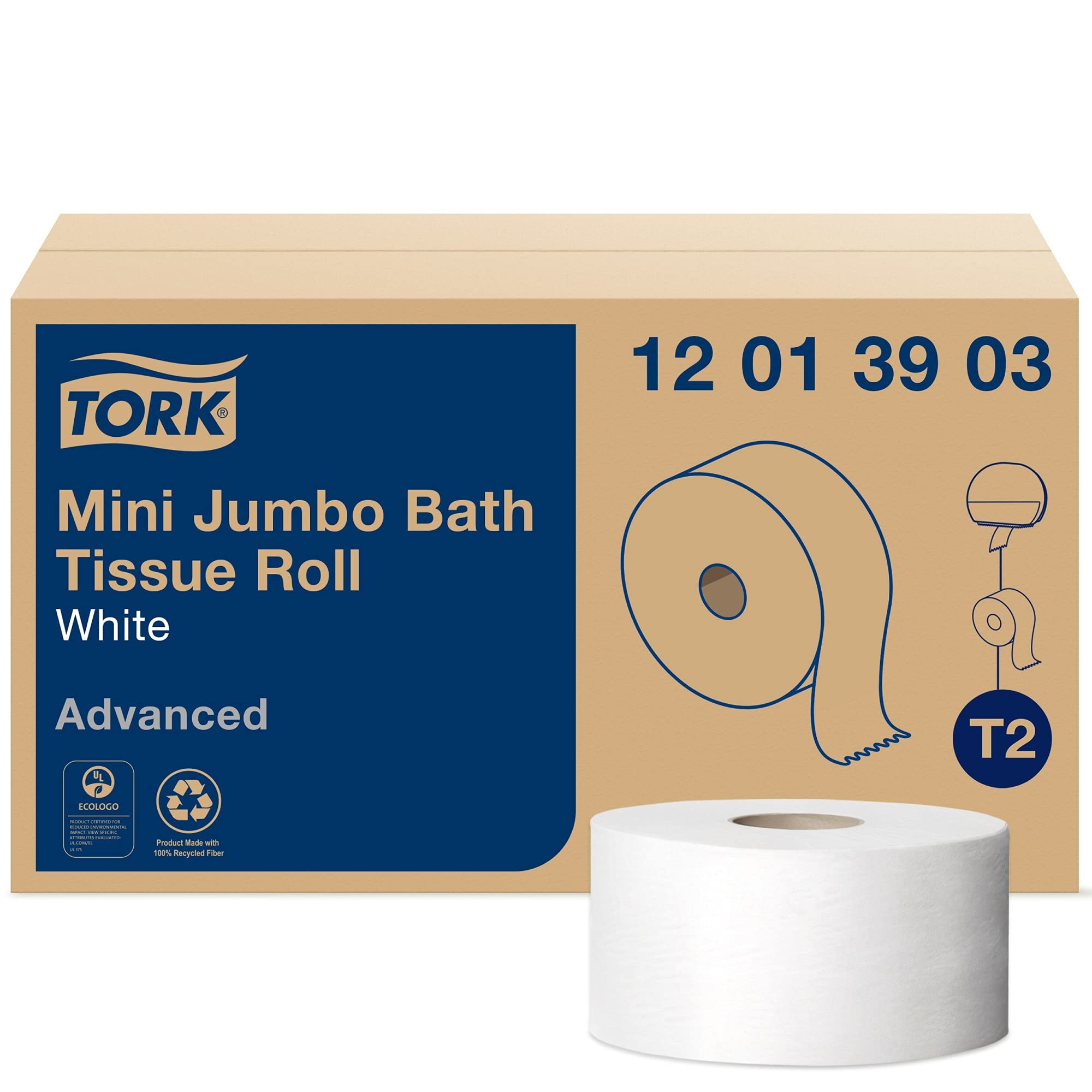Photo 1 of Tork Mini Jumbo Toilet Paper Roll White T2, Advanced, 1-Ply, 12 x 1200', 12013903