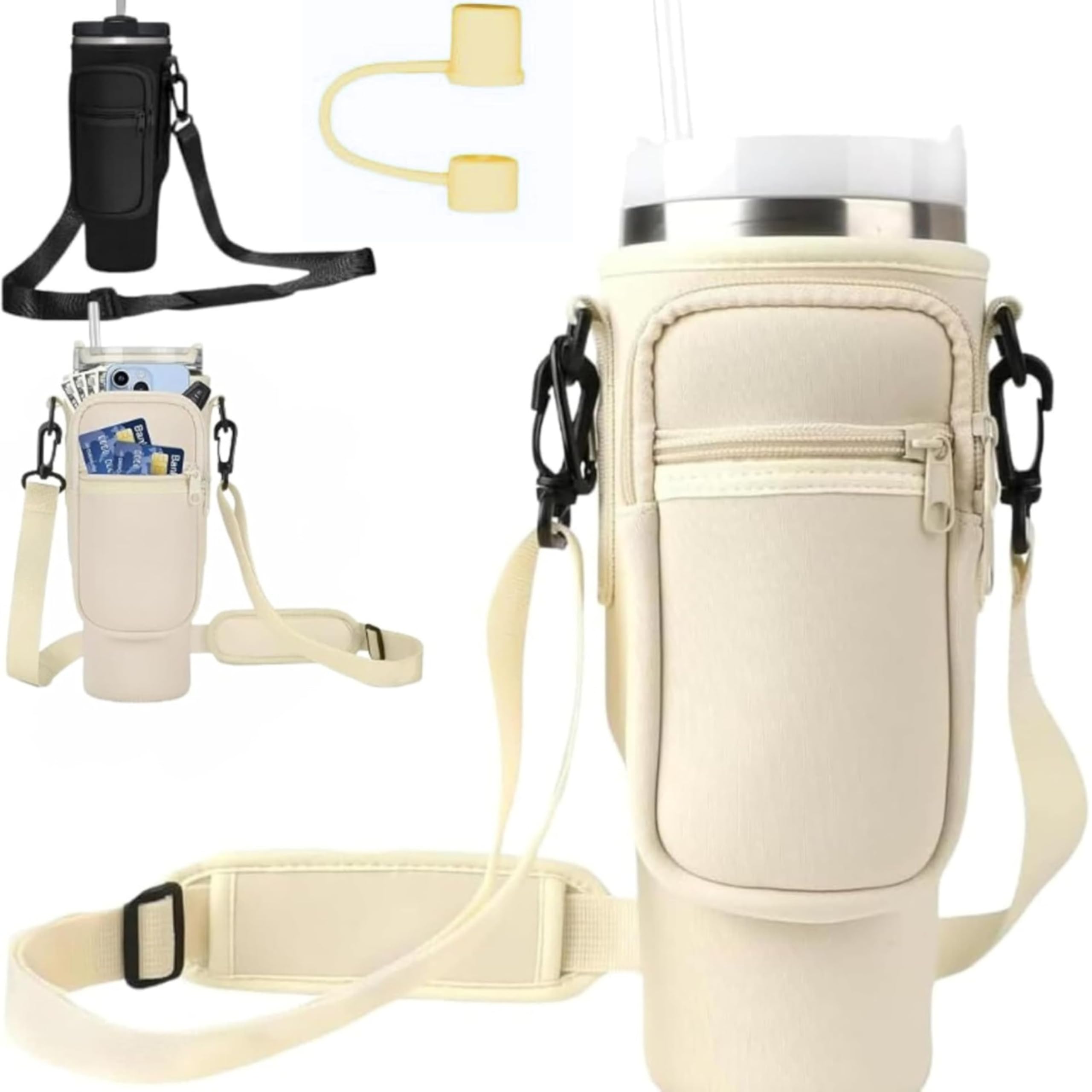 Tumbler Cup Bag, Accessories Holder with Adjustable Strap & Phone Pocket for Bottles | 40 oz Cup Holder | Carry Case for Walking and Hiking (Beige Bag + Straw Stopper)
