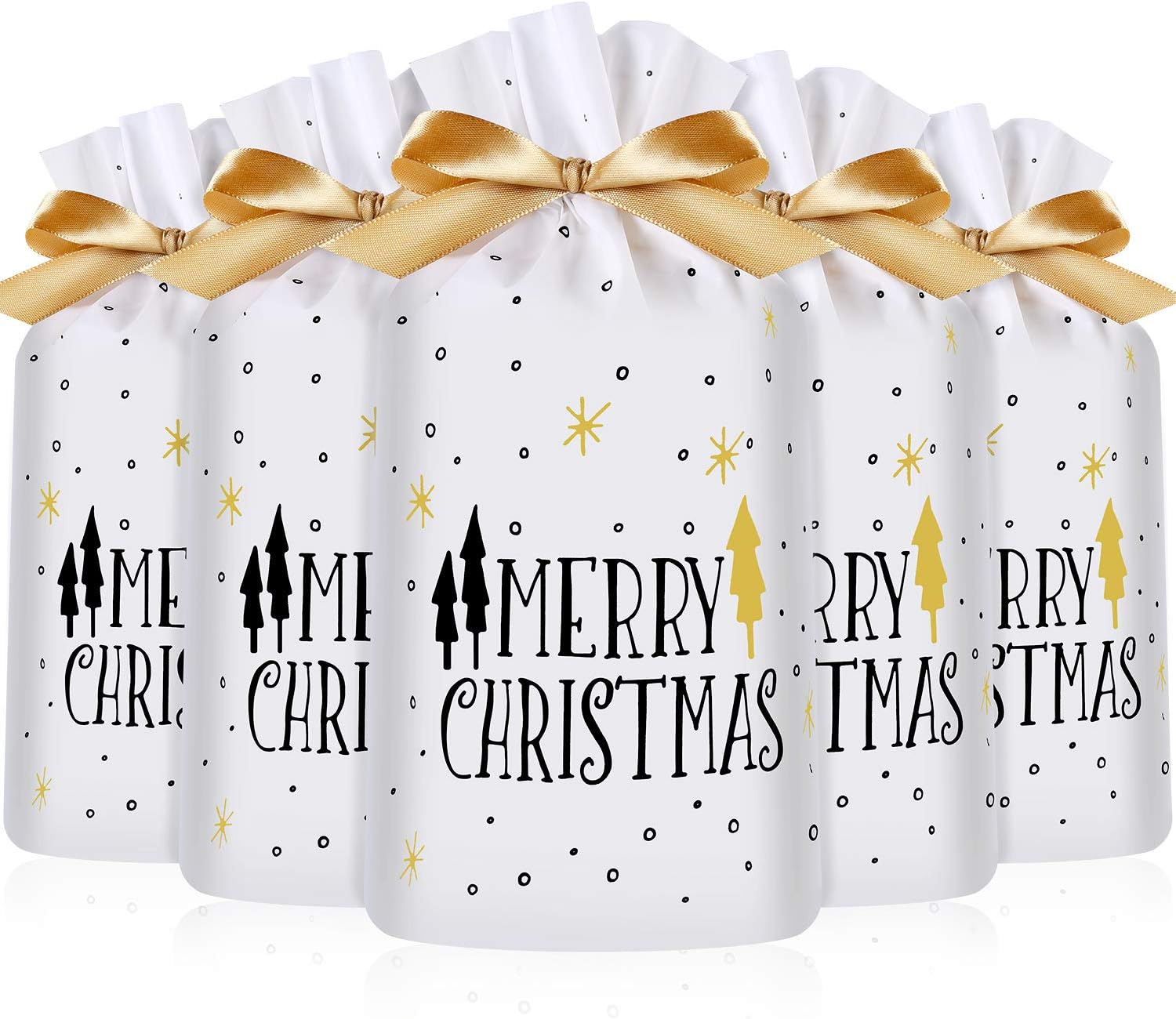 Frienda 30 Pack Treat Bags with Drawstring Merry Christmas Tree Print Plastic Candy Bags Drawstring Cookie Sack for Christmas Wedding Party Birthday Engagement Holiday Favor