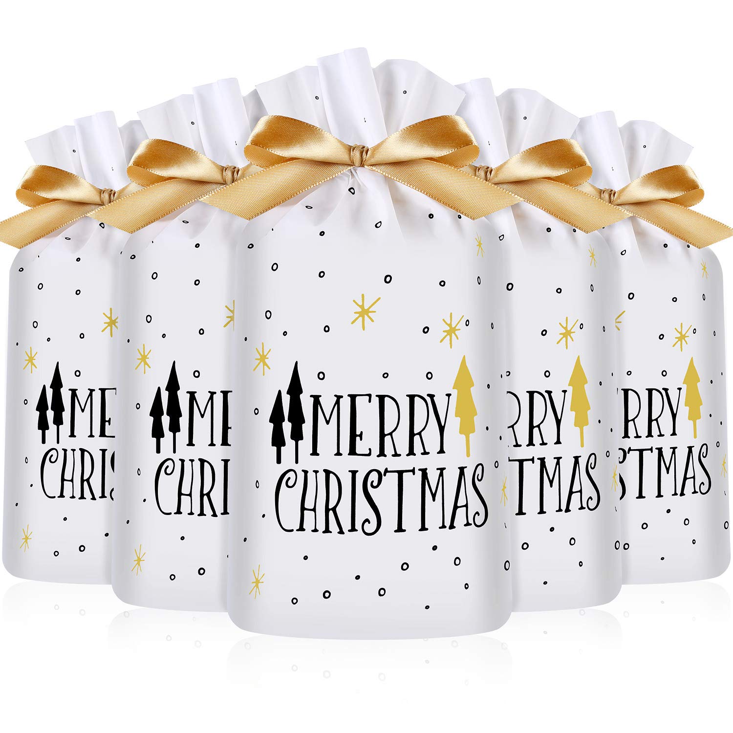 Frienda 30 Pack Treat Bags with Drawstring Merry Christmas Tree Print Plastic Candy Bags Drawstring Cookie Sack for Christmas Wedding Party Birthday Engagement Holiday Favor