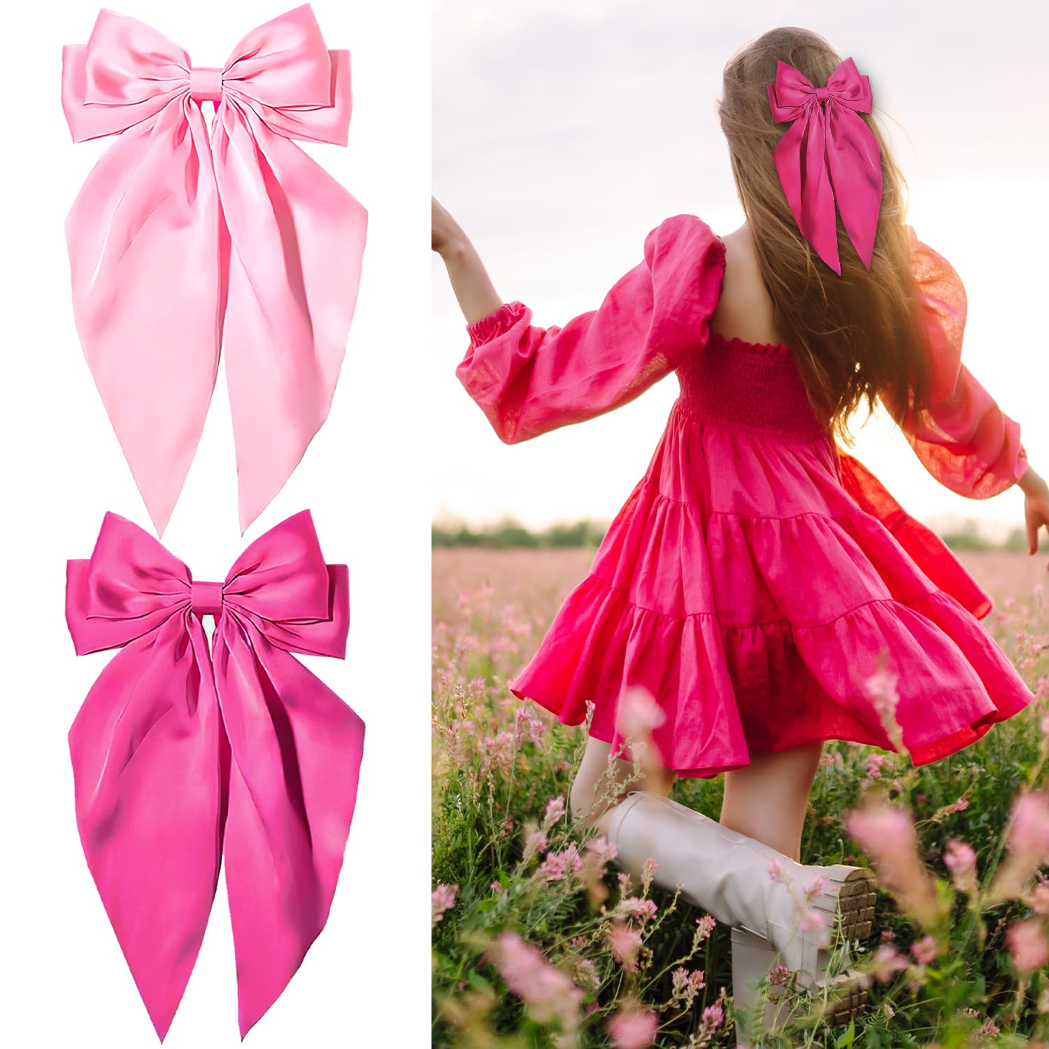2PCS Bow Hair Clip, Bow Clip Hair Bows for Women Big Bowknot Hairpin French Hair Clips with Long Ribbon Soft Satin Silky Hair Bows for Women Girls(Rose red + light pink)