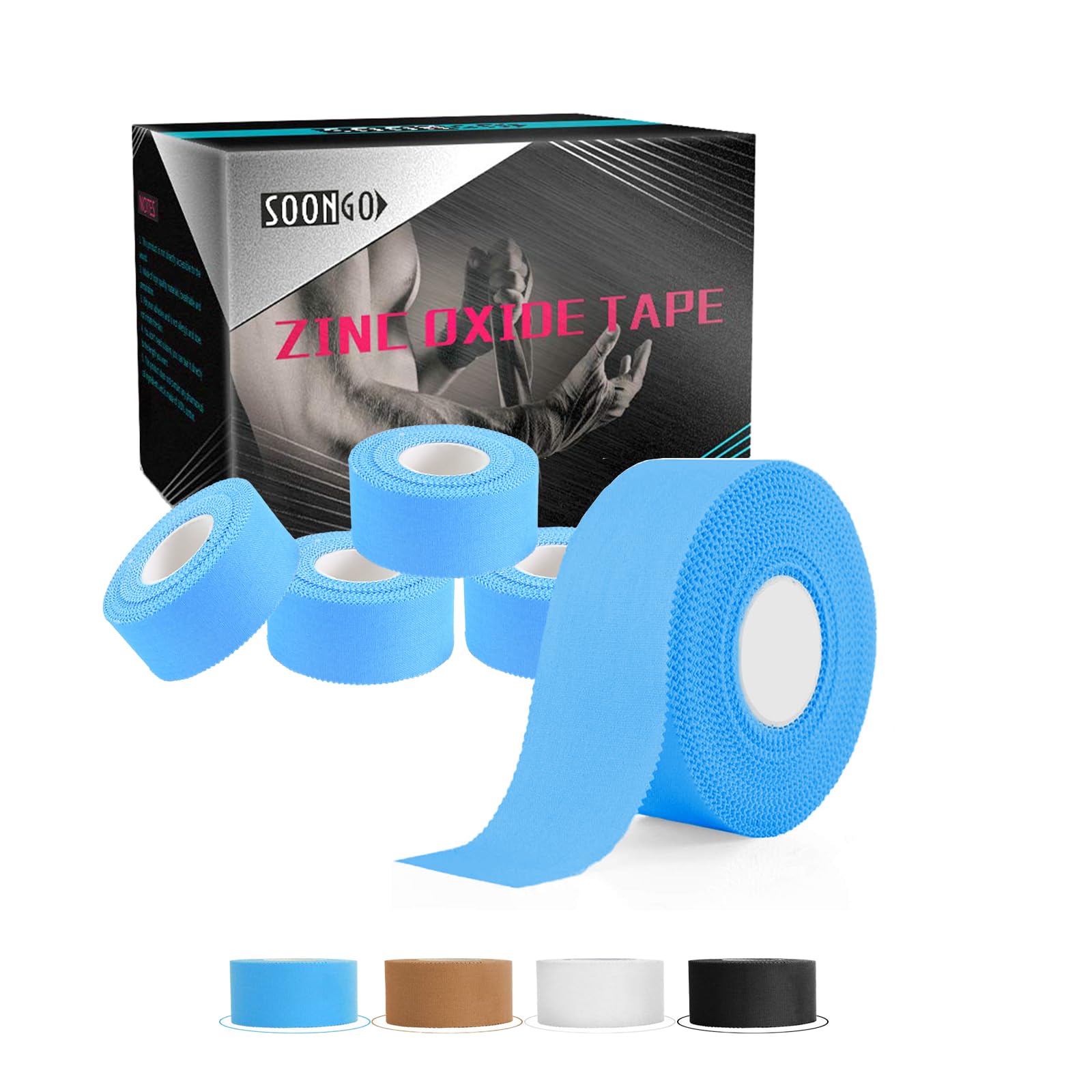 SOONGO Zinc Oxide Tape 2.5cm x 10m Blue 4 Rolls Sports Strapping Athletic Tape Inelastic Provide Maximum Support Fixed Joint Good Viscosity Hypoallergenic