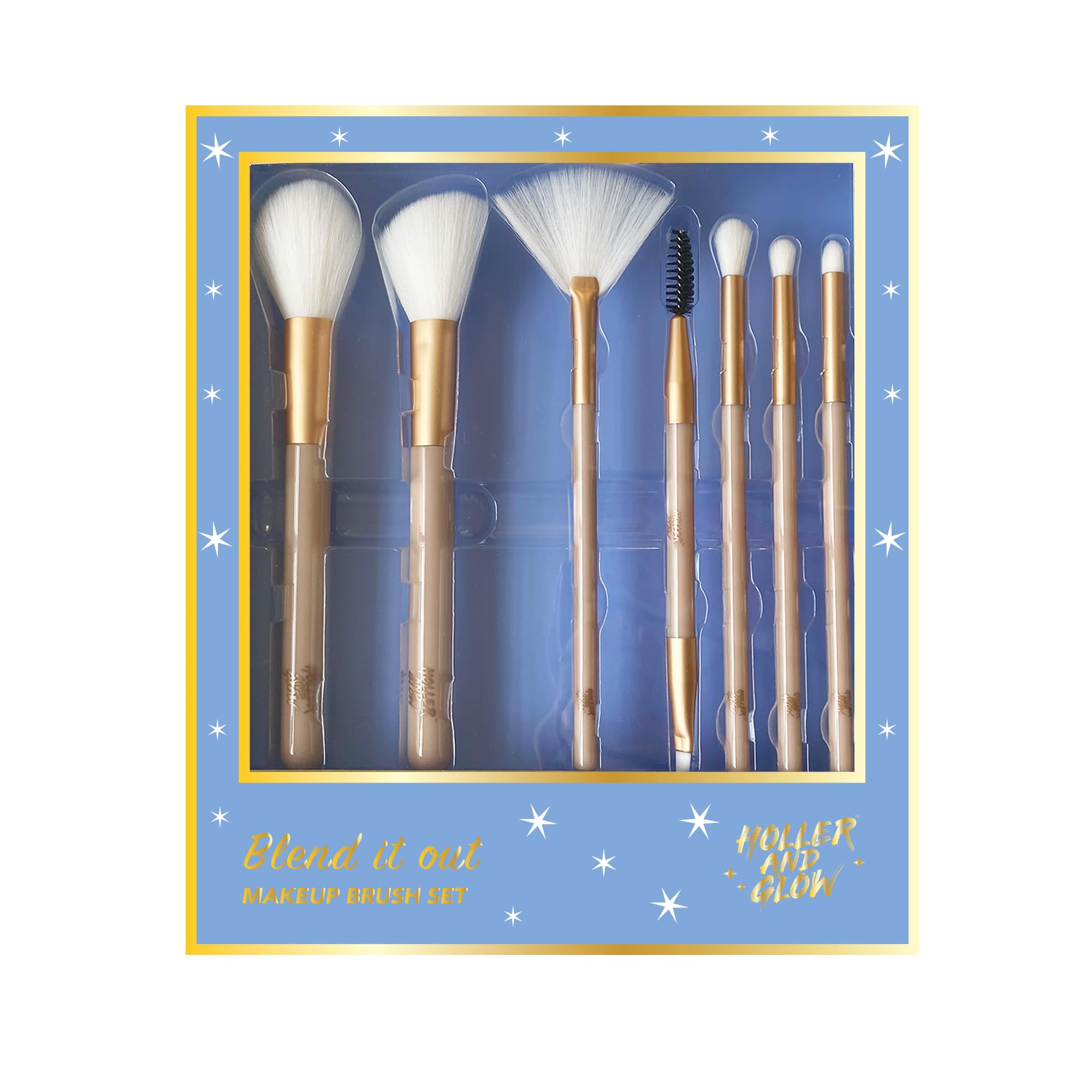 Holler and Glow Blend It Out Makeup Brush 7-Piece Gift Set, Includes Face, Cheek, Fan, Angled Brow and Spoolie, Crease Blender Eyeshadow, Precision Eyeshadow and Crease Definer Eyeshadow Brush