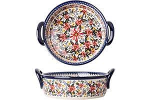 Bicuzat Red Daisy Flower Vintage Style Ceramic Bakeware Casserole Dish Baking Pan Lasagna Pans Baking Dish with Handles for Oven/Cooking/Kitchen-1 PCS, 32 OZ