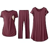 SUNNYBUY Women 3 PCS Maternity Nursing Nightgown Dress & Short Sleeve Breastfeeding Top & Pregnancy Pants Sleepwear Set