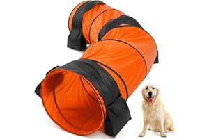 BRIWOOODY 28 in 10 Foot Orange Extra Large Dog Agility Tunnel with Sandbags Dogs Agility Training Equipment Tunnel with 3 Pack Sandbags Carry Bag and 4 Ground Spikes for All Medium and Large Dogs