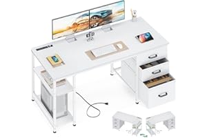 AODK 51 Inch Computer Desk with File Drawers & USB Power Outlets - Reversible Home Office Desk with Storage Shelves, Work from Home, Modern Work/Writing/Study Table for Bedroom, White