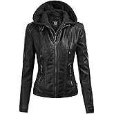 Lock and Love Women's Faux Leather Moto Biker Jacket Coat with Removable or Non-Removable Hood