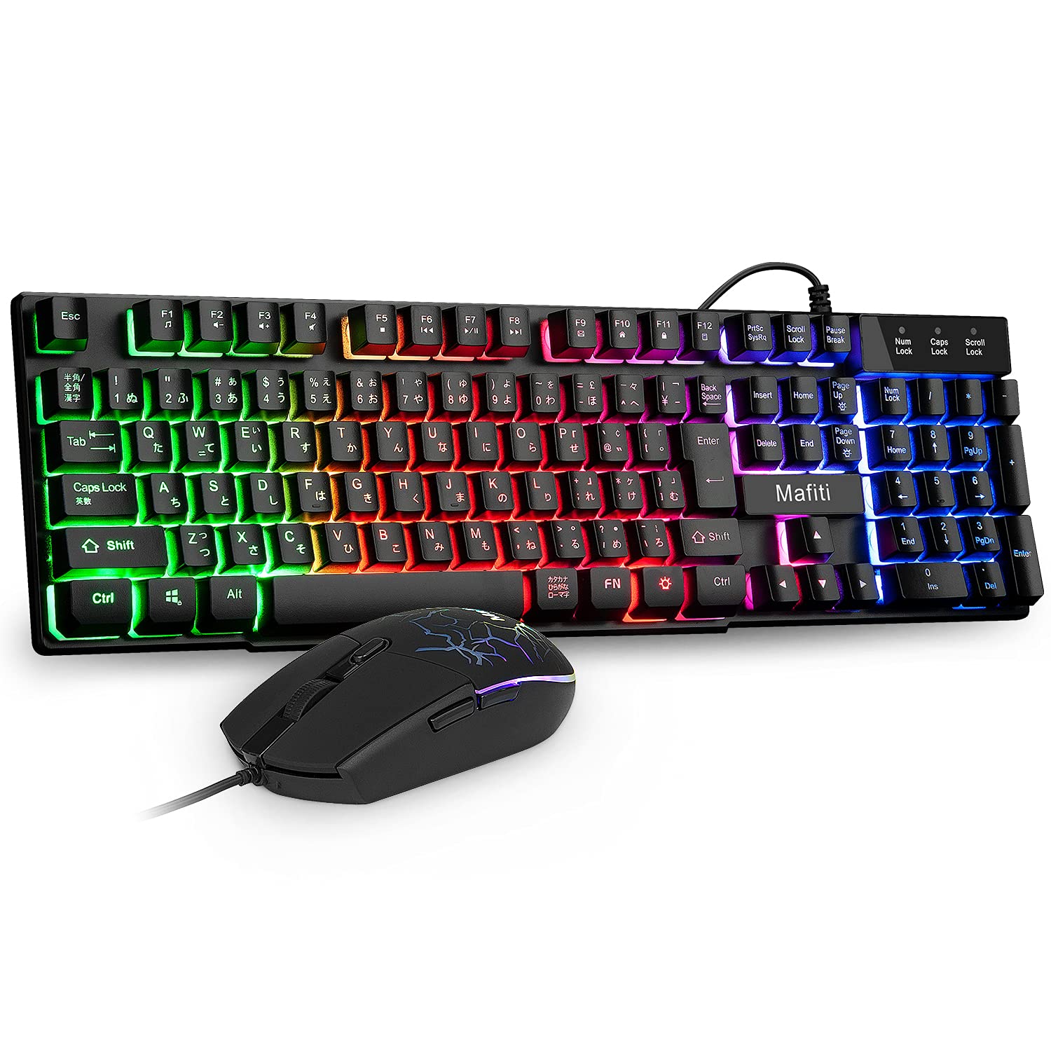 Mafiti RK101 Gaming Keyboard Mouse Set, USB Wired, 106 Keys, Japanese Arrangement, 19 Keys, Anti-collision, 4 Levels, Waterproof, RGB Backlight, Compatible with Windows, VISTA, XLinux, Preste and