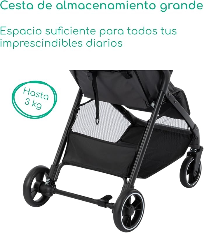 Azur, carrinho compacto para bebés, 0-3 anos (15 kg), carrinho leve para bebés, dobramento automático com uma mão, posição reclinada total, cesto largo, grafite mineral