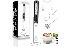 BSRGMS Milk Frother Handheld with Stand, Electric Whisk 3 Speed Adjustable, Drink Mixer with Stainless 3 Whisk, Rechargeable Hand Frother Wand, Foam Maker for Latte Cappuccino Hot Chocolate Egg Black