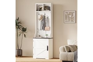 23.6" Farmhouse Hall Tree with Shoe Storage, Small Coat Rack Cabinet with 5 Hooks, Shoe Cabinet & Open Shelves, Entryway Stor