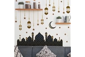 CNUSER Ramadan Mubarak Window Clings,Lantern Moon Star Wall Stickers,Party Supplies Decorations Islamic Muslim Happiness Castle Decals for Home Islam Decor (Black Gold)