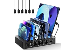 CLEVER BRIGHT Charging Station for Multiple Devices: 68W 6 Port 20W Fast Phone Charger Dock with 6 Cables, Compatible with Apple Cellphone iPad iPhone Tablet and Other Electronic (Black)