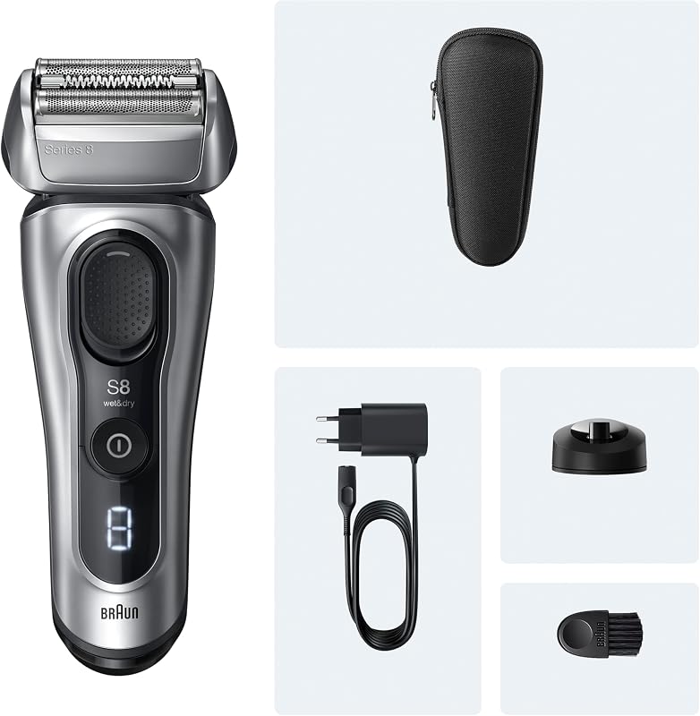 Braun Electric Shaver Men Série 8, Barbeador de barba seco e molhado com cabeça e aparador de precisão, 60 min de uso, base de carregamento e estojo de viagem, 8617S, prata