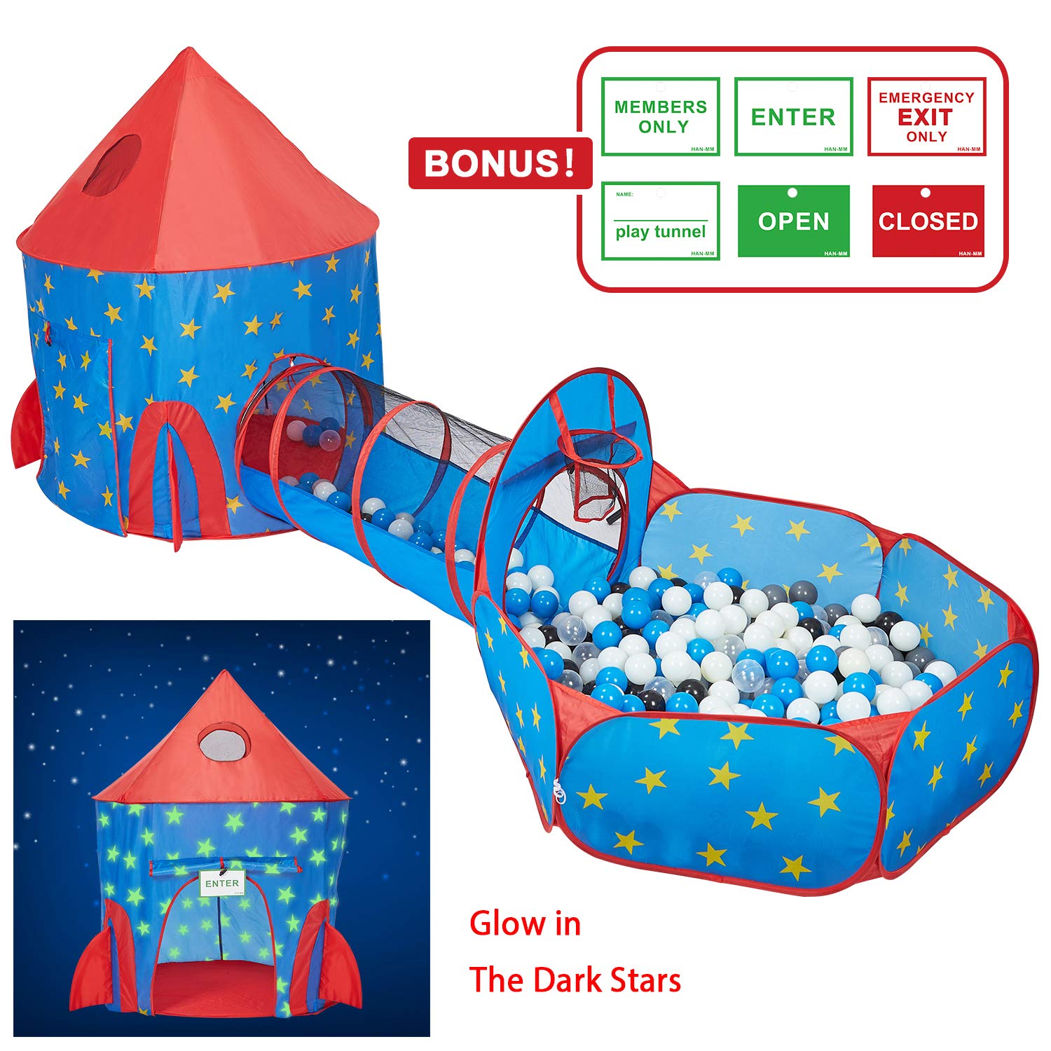 HAN-MM 3pc Kids Play Tent with Tunnel Glow in The Dark Stars, Tunnel & Ball Pit Basketball Rocket Ship Astronaut Hoop Toys with Bonus Message Signs for Indoor Outdoor Camping Children Activity Center