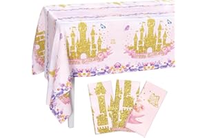 AIBIIN 3 Pack Princess Tablecloth Birthday Decorations Pink Gold Castle Table Cover Decorations Disposable Plastic Rectangle 