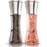 Premium Salt and Pepper Grinder Set of 2, Refillable Stainless Steel Mills | One Hand Operation, Adjustable Ceramic Burr from Coarse to Fine, Non Electric, Bonus Silicone Funnel plus Cleaning Brush