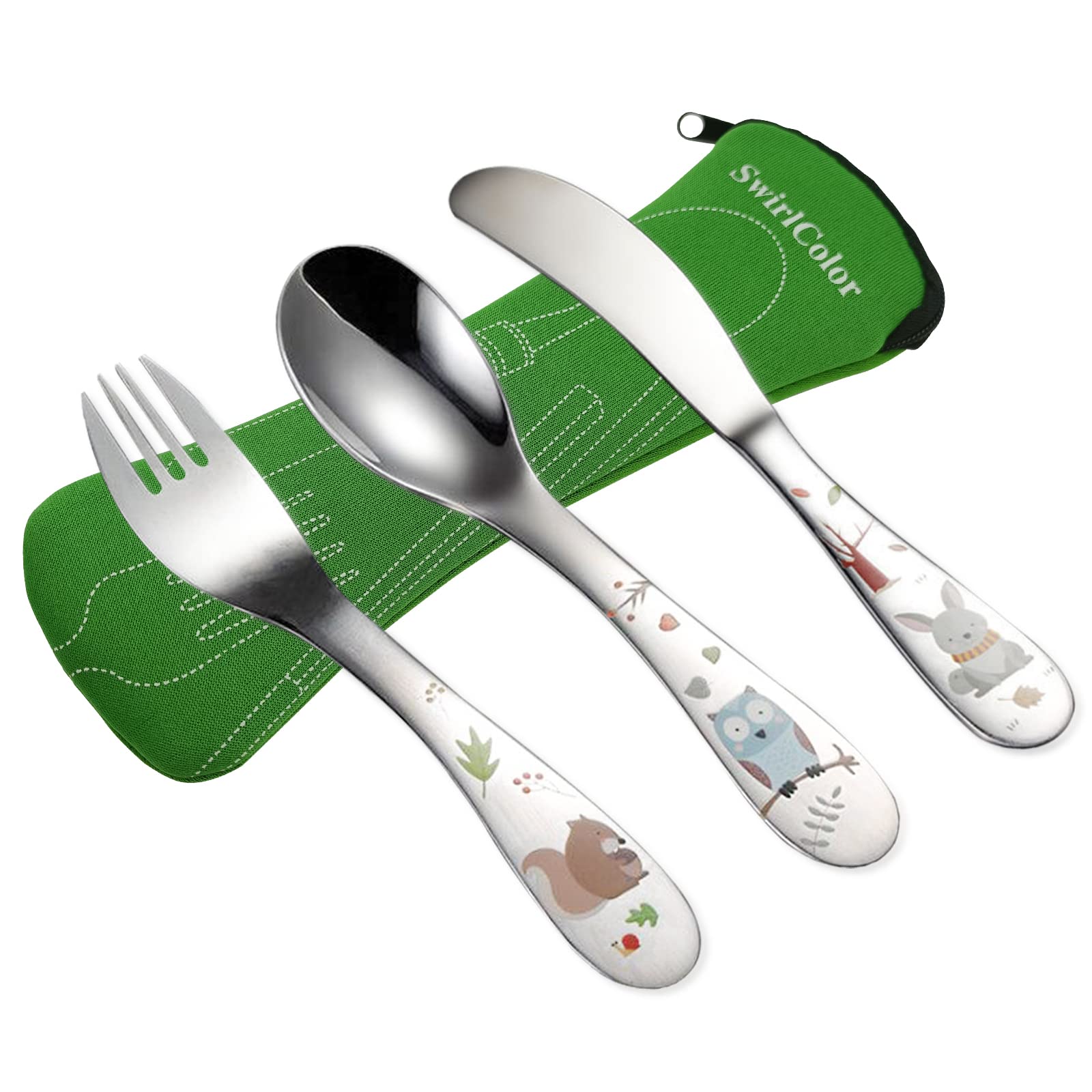 SwirlColor Childrens Cutlery Set, Lovely Stainless Steel Knife Fork Spoon Portable Kids Cutlery Set with Case for Home School Camping Picnic 3pcs
