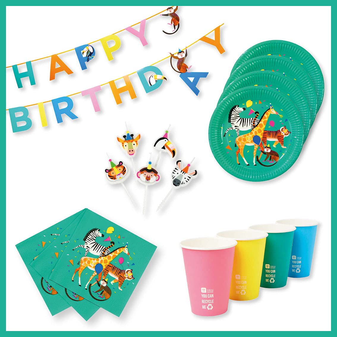 Talking Tables Animal Tableware Set for 8 Guests | Jungle Theme Party Plates and Cups, Napkins, Candles & Bunting | Perfect for Kids Birthday