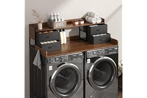 PULSEFAY 4 Drawers Washer Dryer Countertop with Shelf, 27.5" D x 54" W Laundry Topper with 3.54" High Guardrails and Non-Slip Pads,Extra Storage Organizer for Over Washer and Dryer, Holds 66 Lbs,Dark Walnut