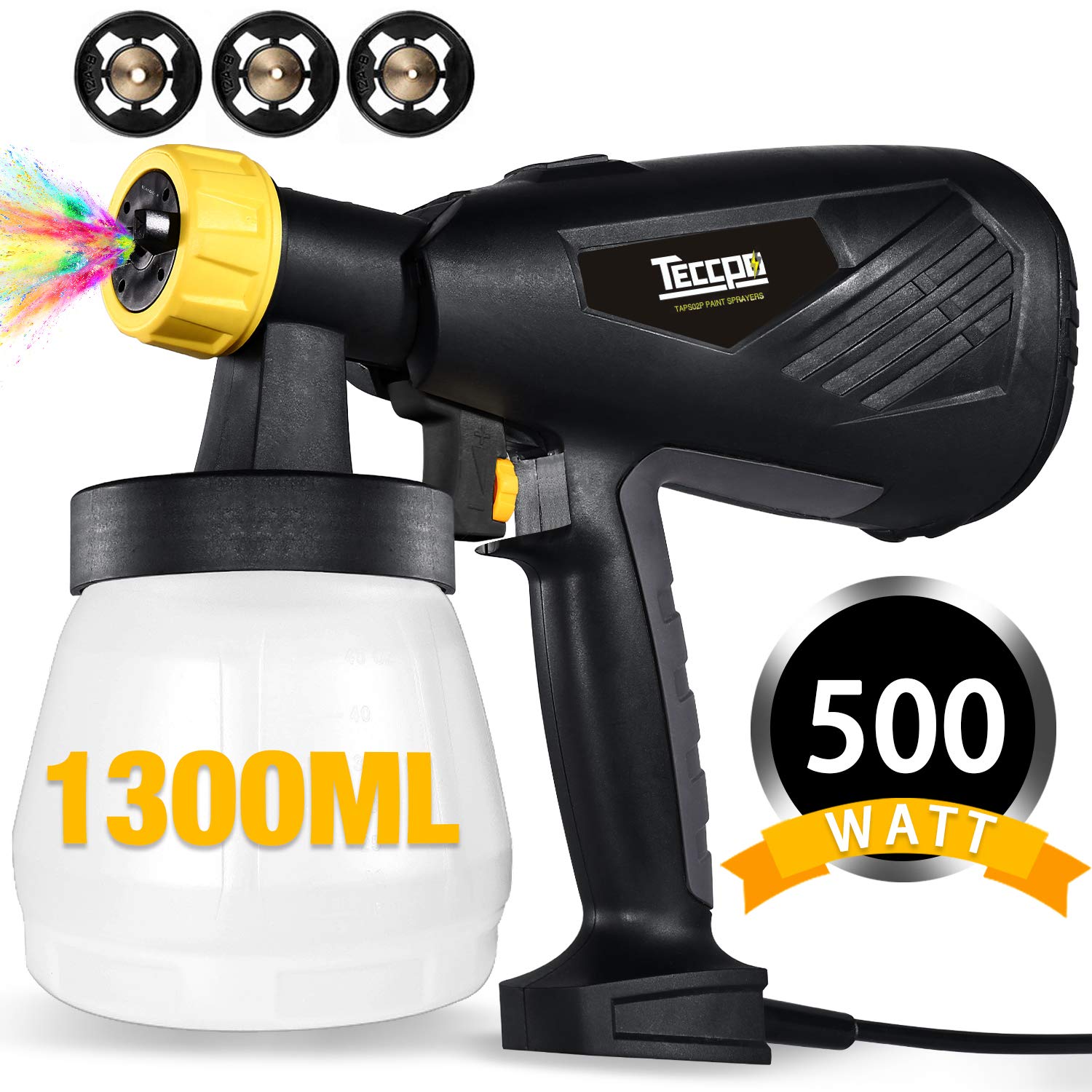 Paint Sprayer, TECCPO 500 Watts 800ml/min HVLP Home Electric Spray Gun with 1300ml Detachable Container, 3 Pcs Copper Nozzles & 3 Spray Patterns, Adjustable Valve Knob for Home Decoration & DIY