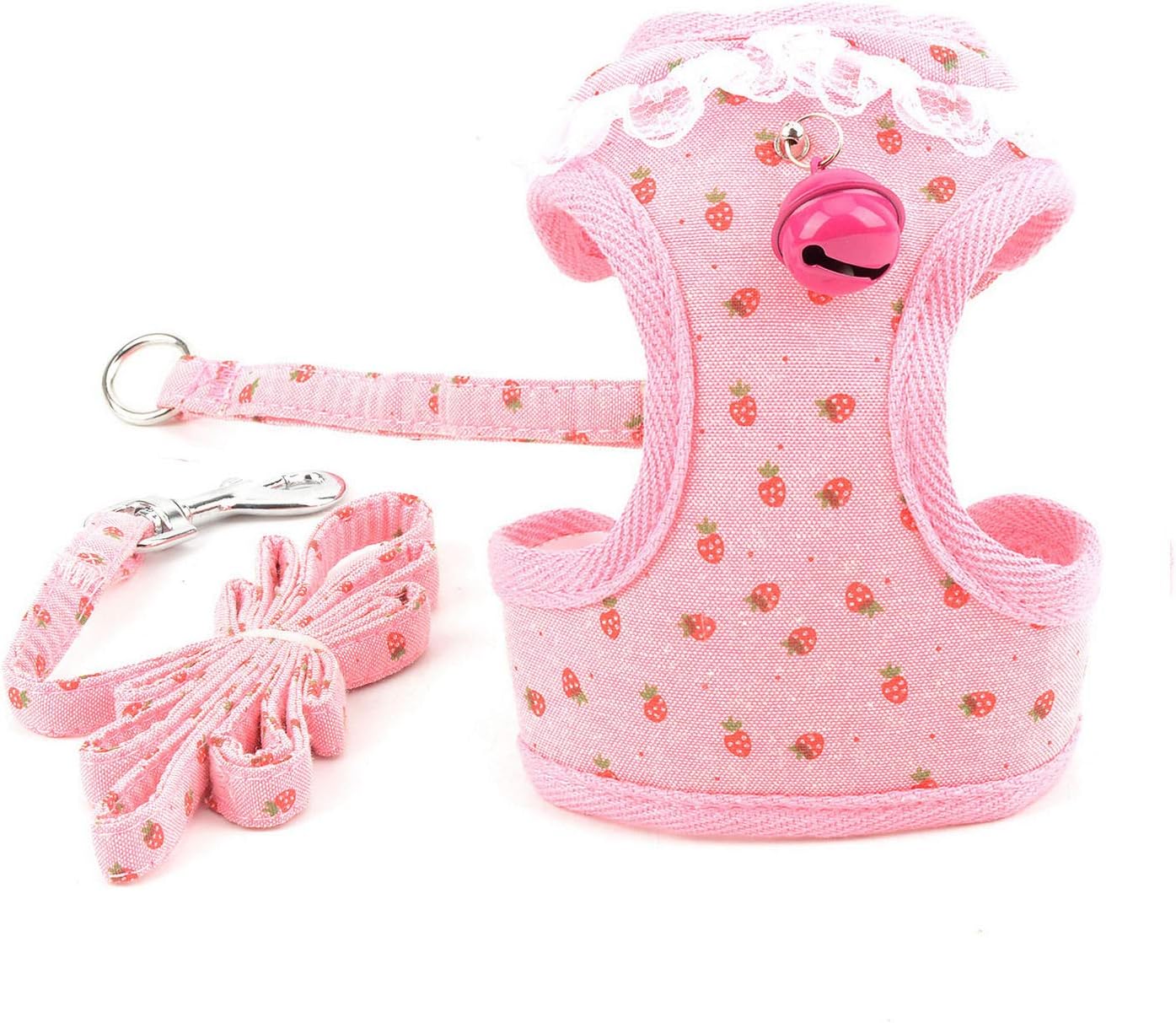 Zunea Dog & Cat Harness and Lead Set, Small Dogs & Cats (5-7kg), Pink, Floral & Strawberry Print, No Pull, Adjustable