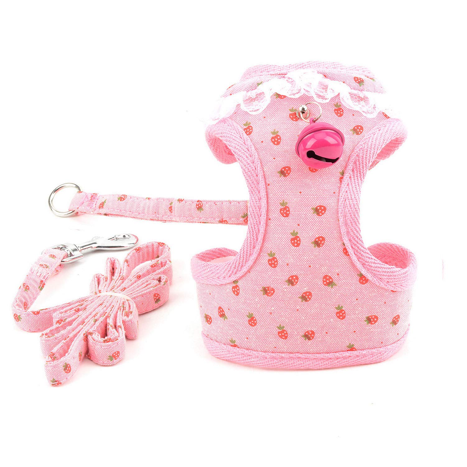 Zunea Dog & Cat Harness and Lead Set - Small Dogs & Cats (5-7kg) - Pink, Floral & Strawberry Print - No Pull, Adjustable, Mesh Padded - With Safety Bell - Perfect for Daily Walking & Training