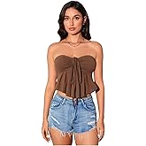 OYOANGLE Women's Sleeveless Strapless Tube Tops Drawstring Ruched Front Ruffle Hem Bandeau Crop Tops
